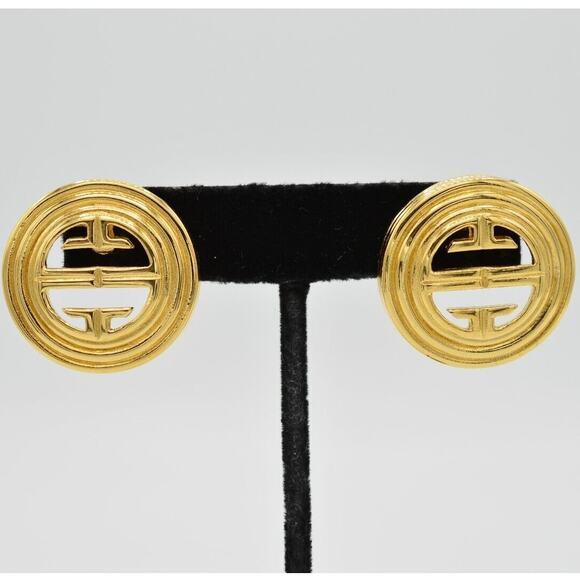 Givenchy Vintage 4G Logo Earrings Round Chunky Gold Tone Signed Chunky 80s BinC - Picture 1 of 8